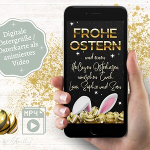Cartão de Páscoa digital | Saudação de Páscoa animada em vídeo MP4 - cartão de Páscoa digital Whatsapp ou mídia social | Coelhinho da Páscoa e ovo de Páscoa dourado