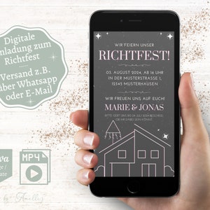 Puede incluir: Una invitación digital en la pantalla de un teléfono inteligente para una fiesta de inauguración de la casa. La invitación está en alemán y dice "Wir feiern unser Richtfest!" que se traduce como "¡Celebramos nuestra fiesta de inauguración de la casa!" La invitación incluye la fecha, la hora y la dirección de la fiesta. También dice "Wir freuen uns auf euch!" que se traduce como "¡Esperamos verte!" La invitación está decorada con estrellas y una casa.