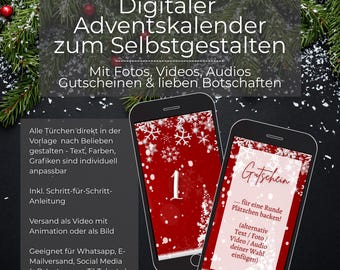 Calendario dell'Avvento digitale per WhatsApp, e-mail o Instagram | Modello Canva personalizzato per calendari dell'Avvento | Calendario di Natale digitale