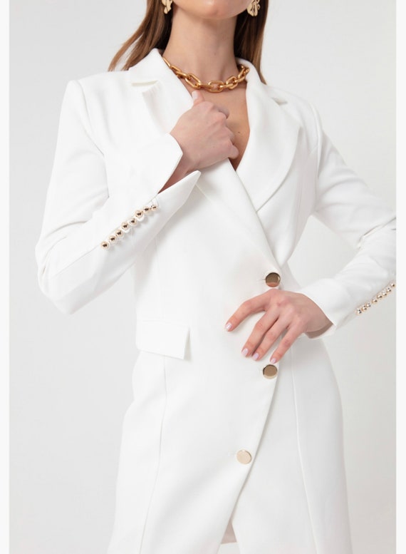 Women's Baby Blue and White Gold Buttoned Jacket Dress