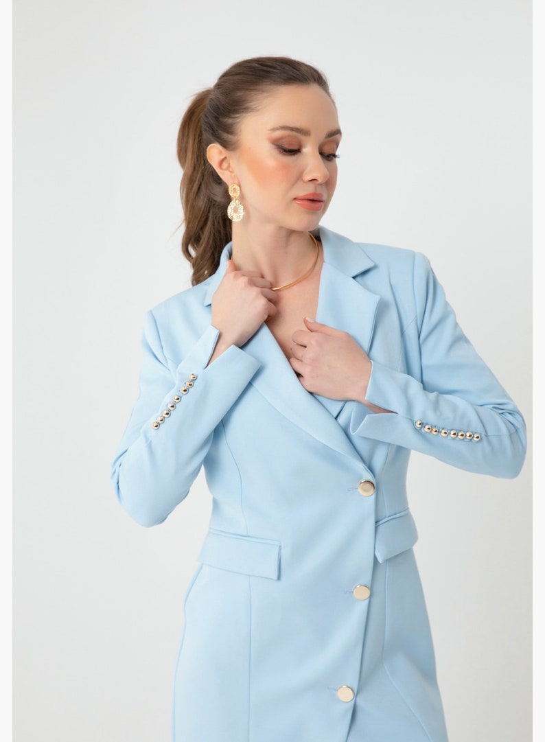 Women's baby blue and white gold buttoned Jacket Dress image 5