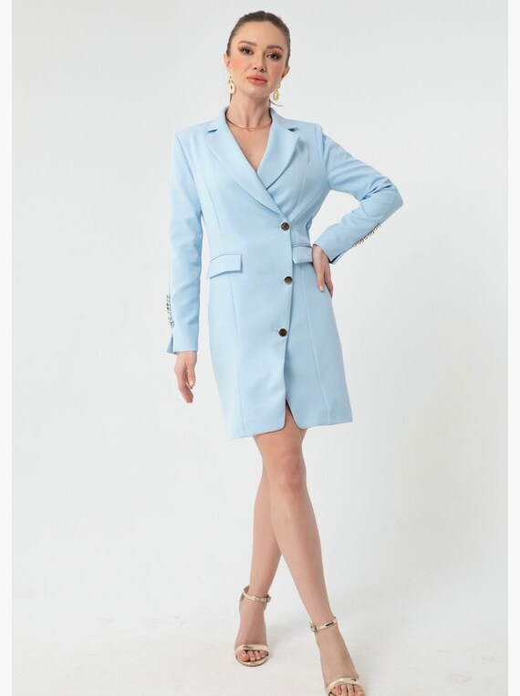 Women's Baby Blue and White Gold Buttoned Jacket Dress