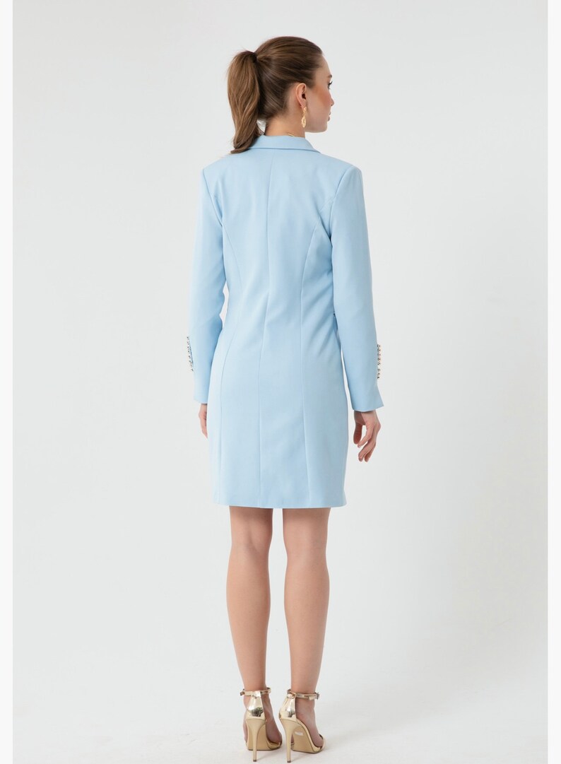 Women's baby blue and white gold buttoned Jacket Dress image 4