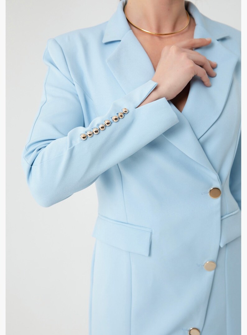 Women's baby blue and white gold buttoned Jacket Dress image 6