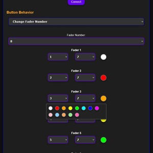 May include: A screenshot of a SimpleFader Configurator interface with a dropdown menu to change the fader number. The interface shows seven faders with a color selection for each fader. The colors are white, red, orange, yellow, green, cyan, and blue.