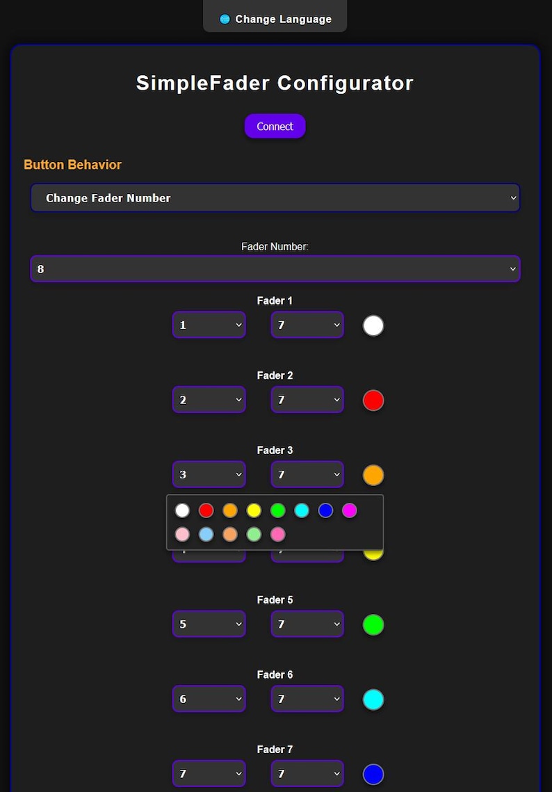 May include: A screenshot of a SimpleFader Configurator interface with a dropdown menu to change the fader number. The interface shows seven faders with a color selection for each fader. The colors are white, red, orange, yellow, green, cyan, and blue.