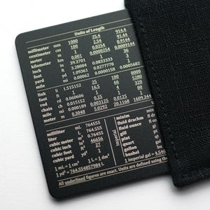 May include: A black card with white text detailing unit conversions, including length, volume, and imperial measurements. The card is partially inserted into a black fabric sleeve. The text includes "Units of Length".