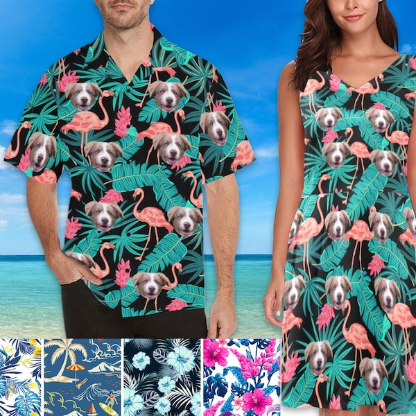 Custom Face on Hawaiian Shirt&Sleeveless Dress, Personalized Photo Print Short Sleeve Shirts, Custom Women Dress Gifts for Bachelor Party