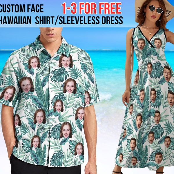 Custom Face on Hawaiian Shirt&Sleeveless Dress, Personalized Photo Print Short Sleeve Shirts, Custom Women Dress Gifts for Bachelor Party