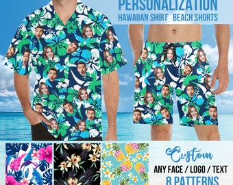 Personalized Short Sleeve Hawaiian Shirt & Mens Shorts Set, Custom Face Hawaiian Shirts and Baching Suit for Boyfriend, Bachelor Party Gift