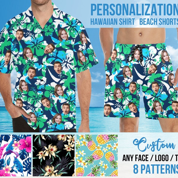 Personalized Short Sleeve Hawaiian Shirt & Mens Shorts Set, Custom Face Hawaiian Shirts and Baching Suit for Boyfriend, Bachelor Party Gift