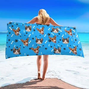 Personalized Pet Face Beach Towel: Custom Dog Cat Photo Gift