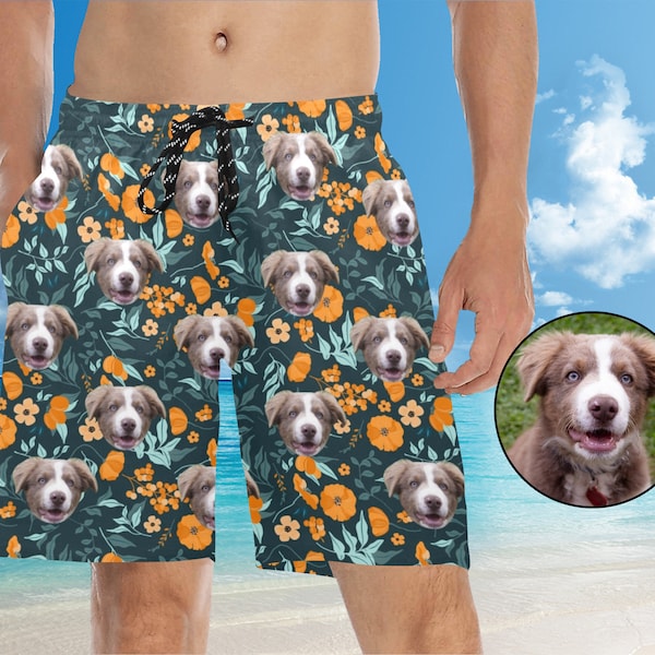 Personalized Dog Face Beach Shorts, Custom Photo Swim Trunks, Dog Lover Bathing Suit, Funny Custom Swimwear, Pet Print Shorts, Dog Dad Gift