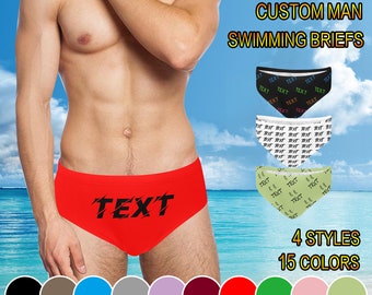 Custom Text Men&#39;s Swim Briefs: Personalized Swimsuit Gift