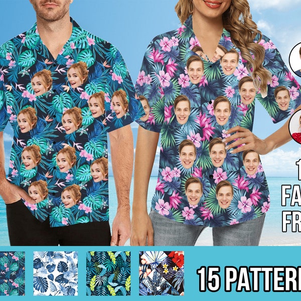 Vacation Style Hawaiian Shirts for Couple, Custom Summer Shirts with Faces, Funny Beach Party Shirts for Men/Women, Casual Shirt Print Gifts
