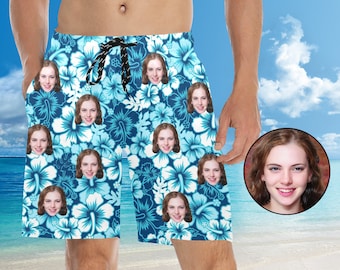 Custom Face Hawaiian Men&#39;s Beach Shorts: Personalized Swim Trunks