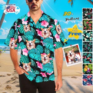 Foto personalizzata Carica foto Camicie hawaiane Maglietta personalizzata con faccia di cane Maglietta hawaiana personalizzata con faccia di animali domestici/Maglietta regalo per la festa del papà di San Valentino