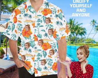 Chemise hawaïenne personnalisée avec visage, photo personnalisée, chemise homme décontractée, assortie à motif floral, chemise courte style vacances, chemise drôle pour homme