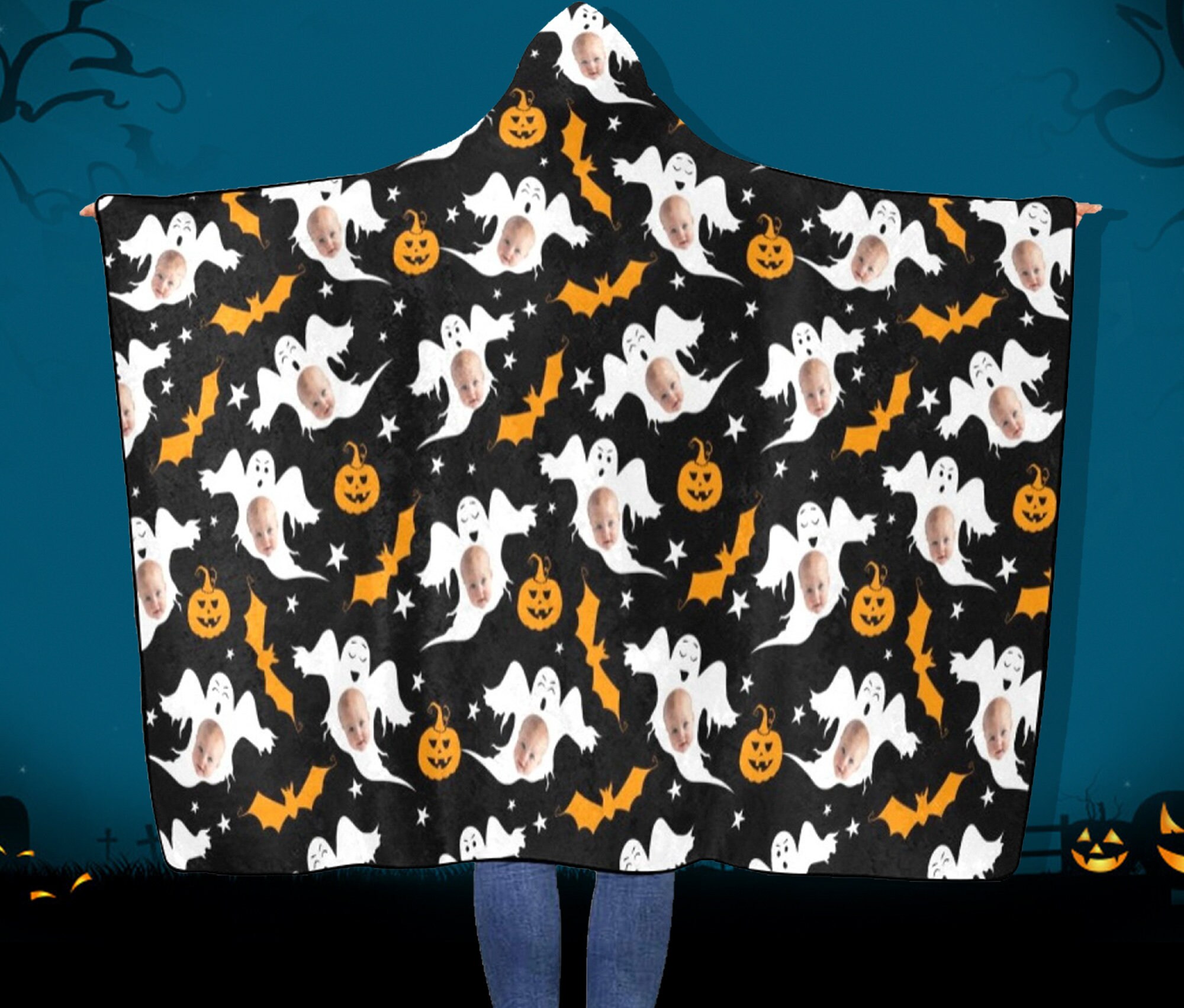 Discover Halloween Ghost Hooded Blanket,Custom Face Throw with Spider Web,Halloween Kids' Gifts, Blanket Hoodie for Men/Women/Kids Christmas Gift