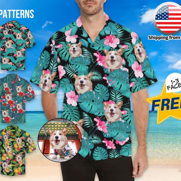 Personalisiertes Foto-Upload-Foto Hawaiihemden Kundenspezifisches Hundegesicht-Hemd Kundenspezifisches Hawaiihemd mit Haustier-Gesicht / Valentinstag Vatertagsgeschenk-Hemd