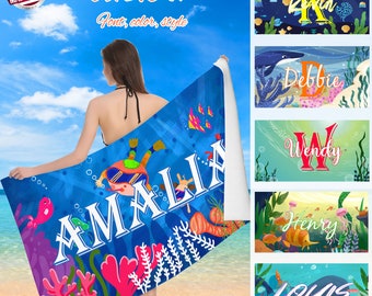 Custom seabed beach towel with Name, Custom text beach towel ,Kid Beach Towel, Birthday Gift For Kid,Funny Cartoon Beach Vacation Towel Gift