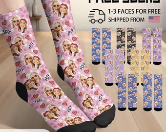 Custom Face Socks, Personalized Best Friends Photo Sock, Picture Face on Socks, Customized Funny Photo Gift For Sisters, Friends BFF, #1BFF
