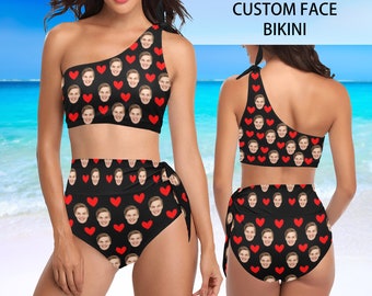 Red Love taille haute une épaule Bikini ensemble visage personnalisé maillot de bain personnalisé Photo Bikini pour femmes imprimer maillots de bain maillots de bain pour elle