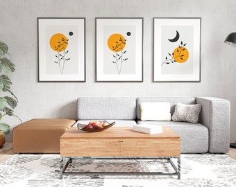 Trees Sun and Moon Print Set of 3, Sun and Moon Digital Print, Printable Mid Century Modern Minimal Wall Art, Digital download, Boho Prints