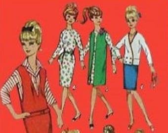 May include: Six vintage paper dolls with different outfits. The dolls are wearing dresses, skirts, and blouses in various colors and patterns. The dolls are all standing on a red background.