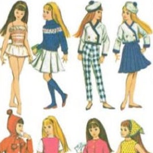 Pode incluir: Oito bonecas de papel com roupas diferentes. As bonecas usam uma variedade de roupas, incluindo vestidos, saias, calças e suéteres. Todas as bonecas estão sorrindo e têm cabelos longos.