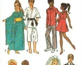 May include: Vintage fashion illustration featuring eight figures in various outfits. The outfits include a kimono, karate uniform, polka dot shirt and pants, red dress, green outfit with boots, a wedding dress, and a tuxedo.