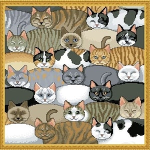 Könnte beinhalten: Eine gerahmte Illustration einer Gruppe von Katzen, die alle in einem Haufen schlafen. Die Katzen sind in verschiedenen Farben und Mustern, darunter schwarz, weiß, braun, grau und getigert. Der Rahmen ist golden.