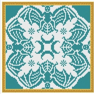 May include: A framed cross-stitch pattern in teal and white. The design features symmetrical bat-like figures, floral elements, and geometric shapes. The frame is gold-colored.