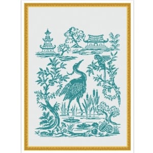 PDF Antique Sampler Counted Vintage Cross Stitch Pattern | Crane with a Parrot | Monochrome Pattern