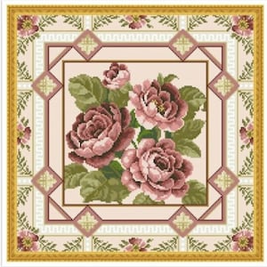 Op de afbeelding: Een vierkant bloemenontwerp met een boeket roze en witte rozen in het midden. De rozen worden omringd door een decoratieve rand met een geometrisch patroon in tinten groen, wit en bruin.