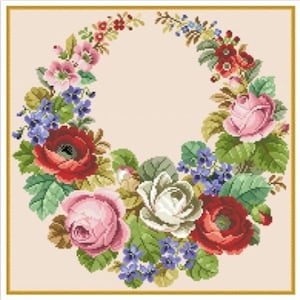 May include: A floral wreath with pink, red, and white roses, and purple flowers. The wreath is on a light pink background.