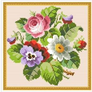 May include: A framed cross-stitch embroidery featuring a bouquet of flowers. The bouquet includes a pink rose, a white daisy, a purple pansy, and red flowers. The flowers are surrounded by green leaves.