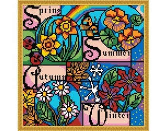PDF Vintage Cross Stitch Pattern | Pillow Seasons | Scheme Cross Stitch Pillow Seasons | ENGLISH