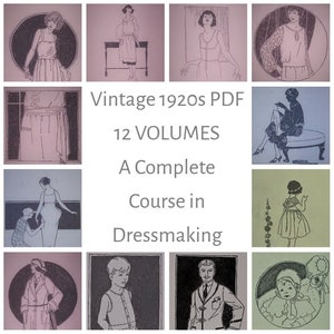 Pode incluir: Um curso de costura vintage dos anos 1920 em PDF com 12 volumes. A capa apresenta ilustrações de mulheres e crianças vestindo vários estilos de roupas.