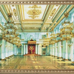 May include: A large, ornate room with a gold and white ceiling, white marble columns, and a large chandelier hanging from the centre. The room is empty except for a throne in the centre.