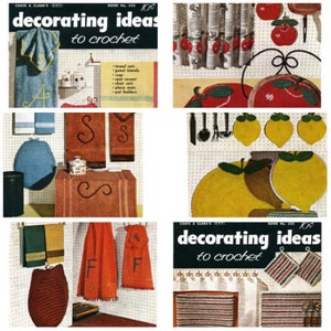 May include: A vintage magazine cover featuring crochet decorating ideas. The cover features a variety of crocheted items, including towels, pot holders, and a lemon-shaped trivet. The magazine cover is titled "Decorating Ideas to Crochet" and is from Coats & Clark's.