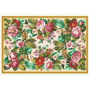 May include: A framed cross-stitch embroidery featuring a floral design with pink, red, and white flowers, green leaves, and a cream background.