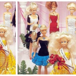 May include: A group of dolls wearing crocheted dresses and gowns. Some dolls are wearing sashes that say "Prom Queen".