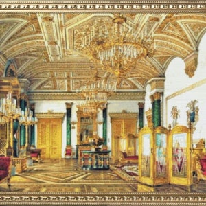 May include: A painting depicting a grand, ornate room with gold and white walls, a high ceiling with intricate details, and a large chandelier. The room is furnished with gold-trimmed furniture, including chairs, tables, and a screen.