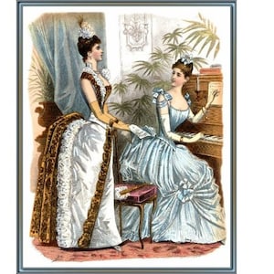 May include: Two women in elaborate dresses from the late 1800s. One woman is seated at a piano, while the other stands beside her. The woman at the piano is wearing a light blue dress with a large bow at the back. The woman standing is wearing a white dress with a brown and gold trim.