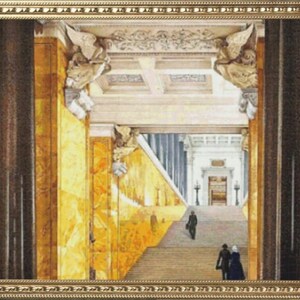 May include: A painting depicting a grand, ornate hallway with a staircase leading up to a doorway. The walls are adorned with gold trim and intricate carvings. The hallway is illuminated by a large window at the end.