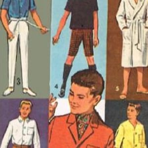 以下が含まれることがあります： 異なる服装をした男性のイラストが5つあります。最初の男性は、薄い青色のシャツに白いベルト、白いズボンを着用しています。2番目の男性は、黒い半袖シャツに、チェック柄のショートパンツを着用しています。3番目の男性は、白いローブにベルトを着用しています。4番目の男性は、赤いブレザーに柄物のシャツを着用しています。5番目の男性は、黄色の長袖シャツを着用しています。