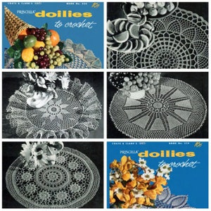 May include: A vintage book cover featuring a collection of doilies to crochet. The cover is blue with white text and features a cornucopia of fruit and a crocheted doily.