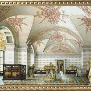 May include: A painting depicting a large, ornate room with a vaulted ceiling. The room is decorated with intricate patterns and features several display cases filled with artefacts. The walls are white with pink accents, and the floor is tiled in a checkerboard pattern.