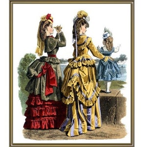 May include: Three women in vintage clothing stand on a path. The woman in the center is wearing a yellow dress with a purple trim. The woman on the left is wearing a green dress with a red skirt. The woman on the right is wearing a blue dress. All three women are looking to the right.